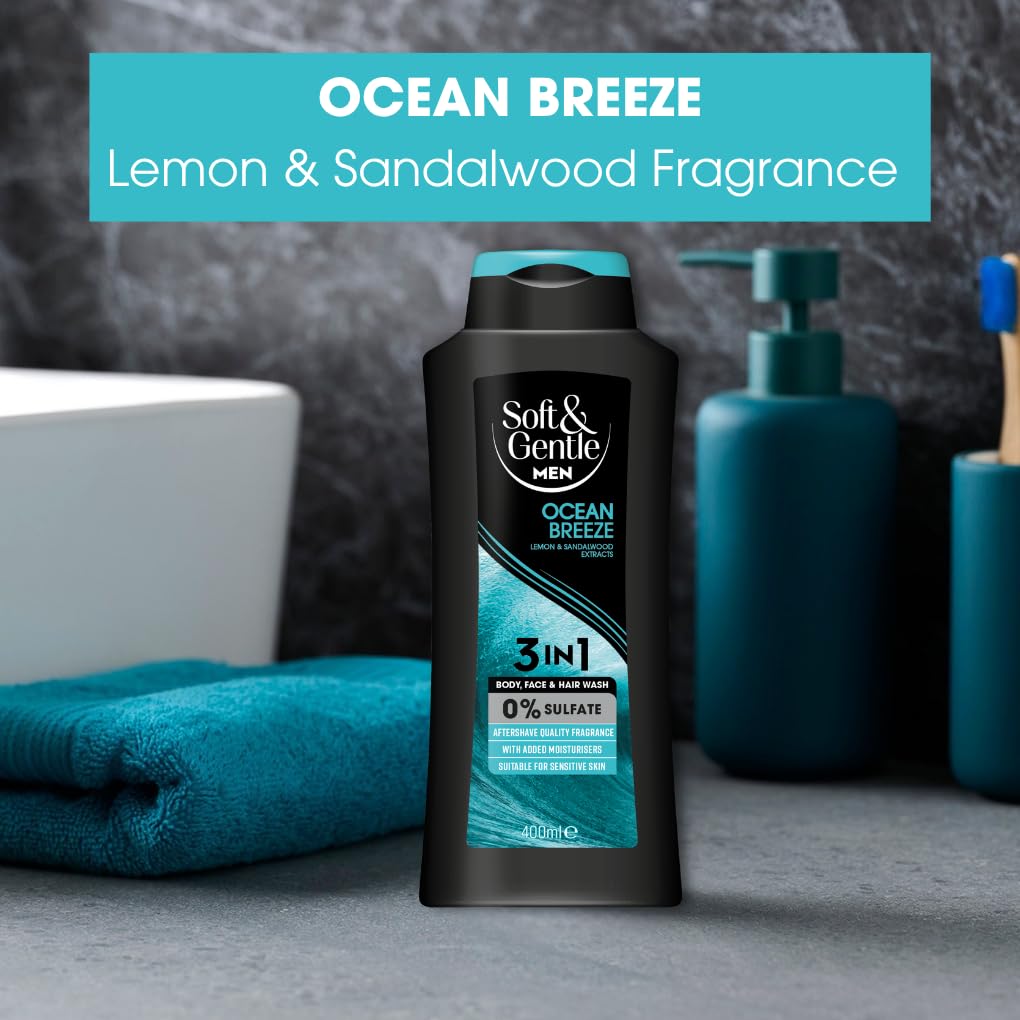 Soft & Gentle Men Ocean Breeze 3 in 1 Shower Gel | 400ml | Sulfate Free | Lemon & Sandalwood
