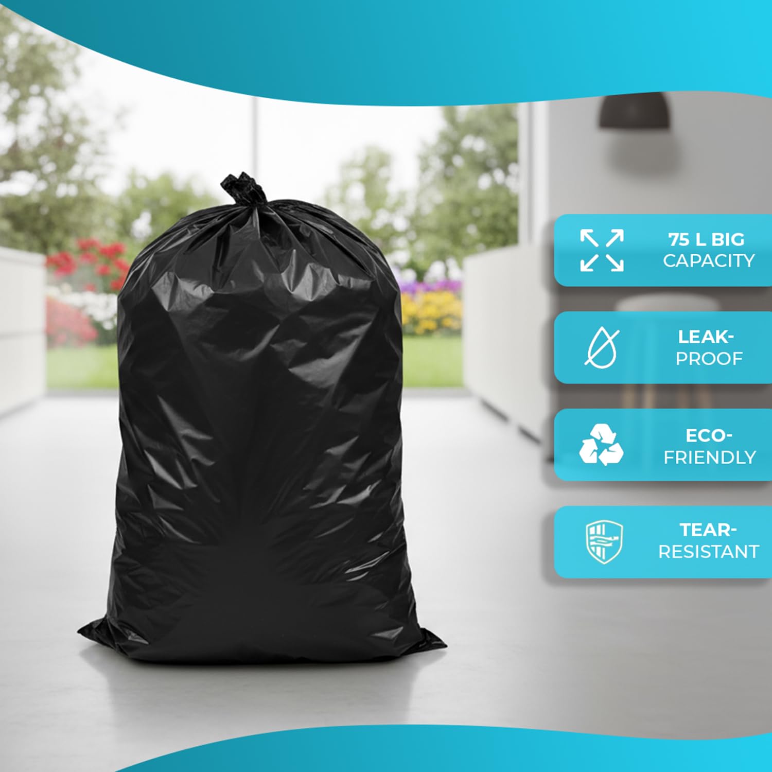Roe Tenpo 75L Black Bin Bags - 20 Pack, 30 Micron, Leak-Resistant, Eco-Friendly 4