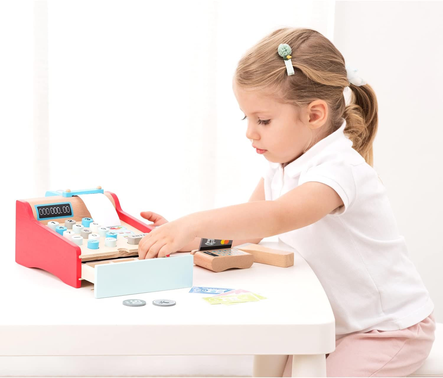 New Classic Toys Bon Appetit Wooden Cash Register Set Pretend Play Toy for Kids 3 Years and Up 2