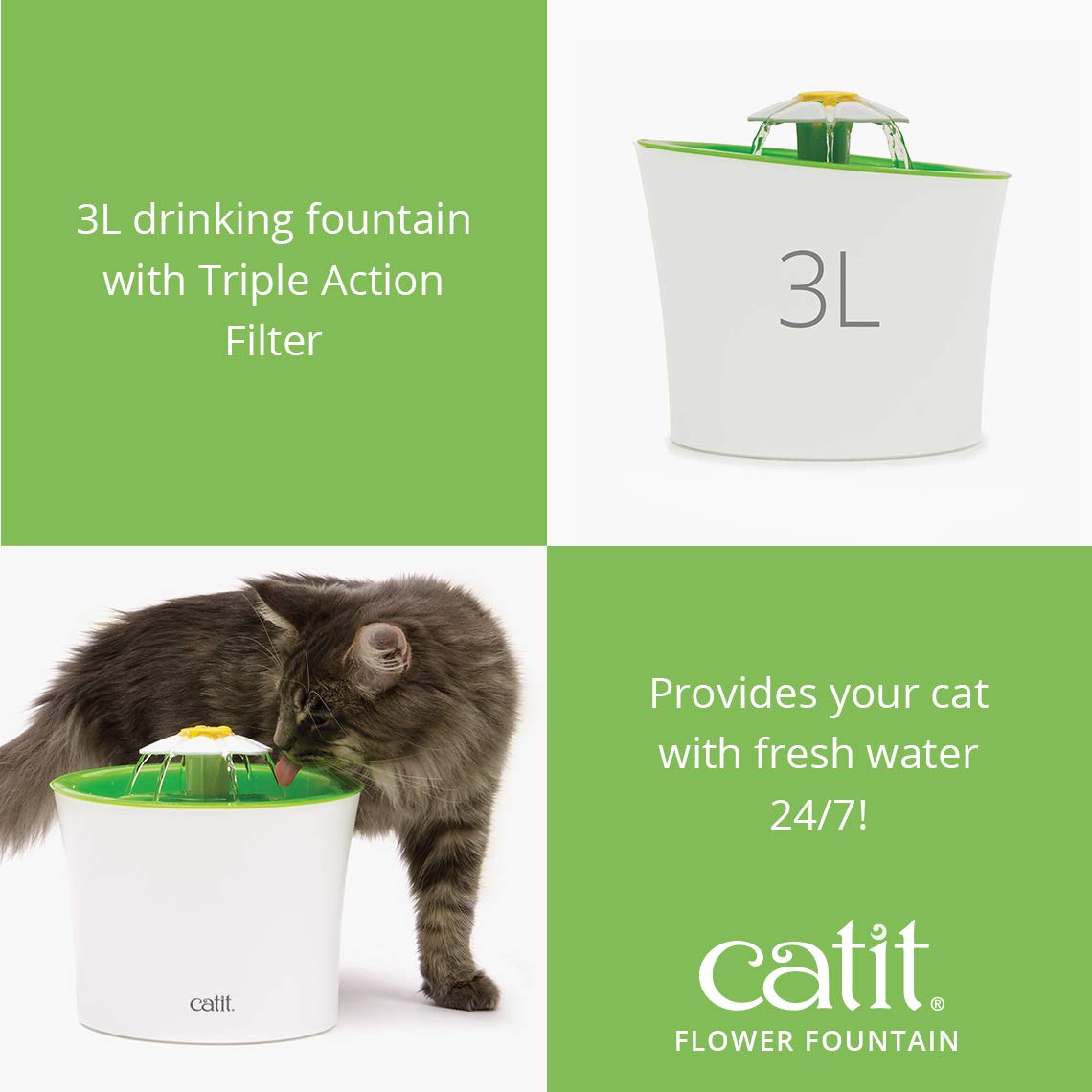 Catit Flower Cat Water Fountain | 3 Flow Settings | Triple Action Filtration | Green