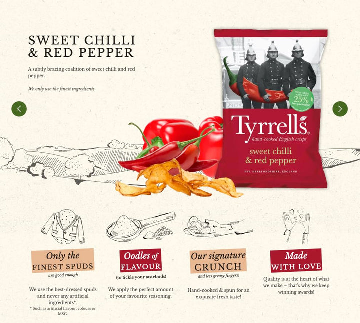 Tyrrells Sweet Chilli & Red Pepper Hand-Cooked Potato Crisps, 150g