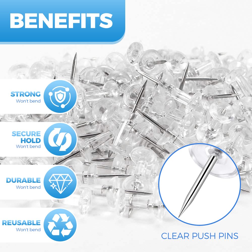 Woobroo Clear Push Pins - 150 Pcs Drawing Pins with Storage Box | Stainless Steel Needles 4