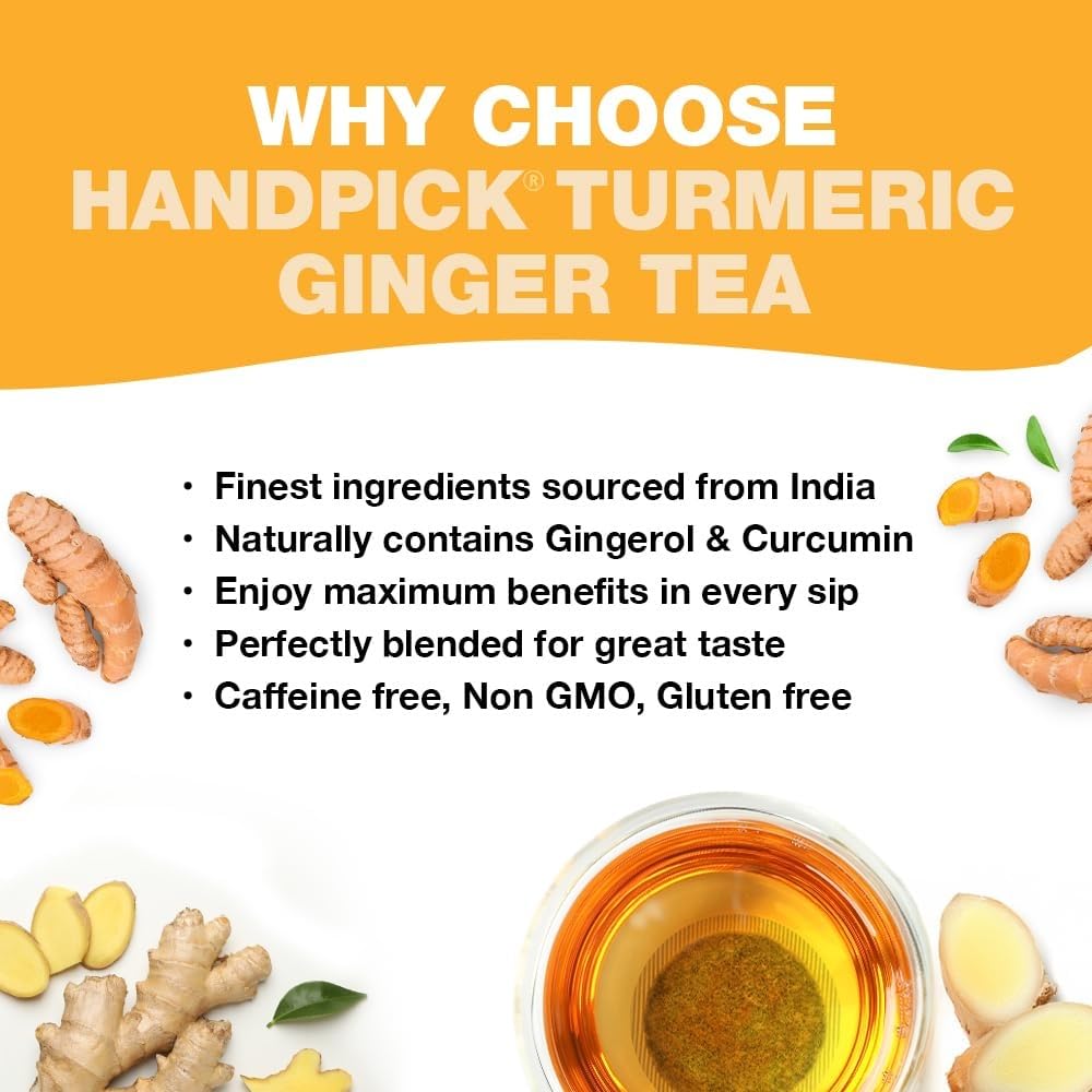 HANDPICK - Turmeric Ginger Tea Bags (100 Herbal Tea Bags) Caffeine Free, Non-GMO, Eco-Conscious Packaging
