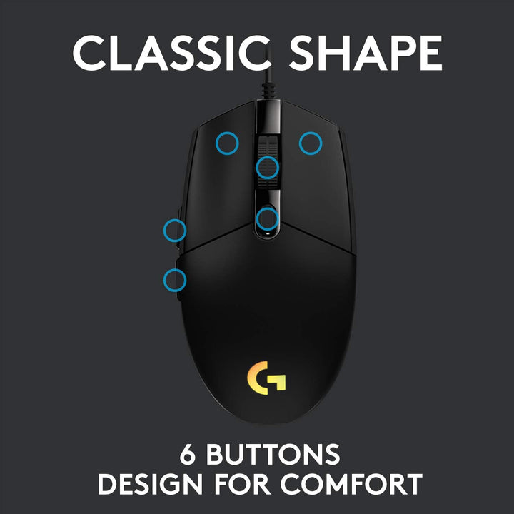 Logitech G203 LIGHTSYNC Gaming Mouse - 8K DPI, 6 Programmable Buttons, RGB Lighting, Lightweight Design - Black