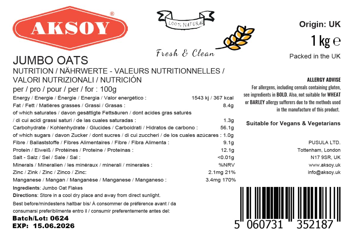 AKSOY Jumbo Oats - 1kg Bag | 100% Wholegrain Rolled Oats | High in Fiber & Protein 2