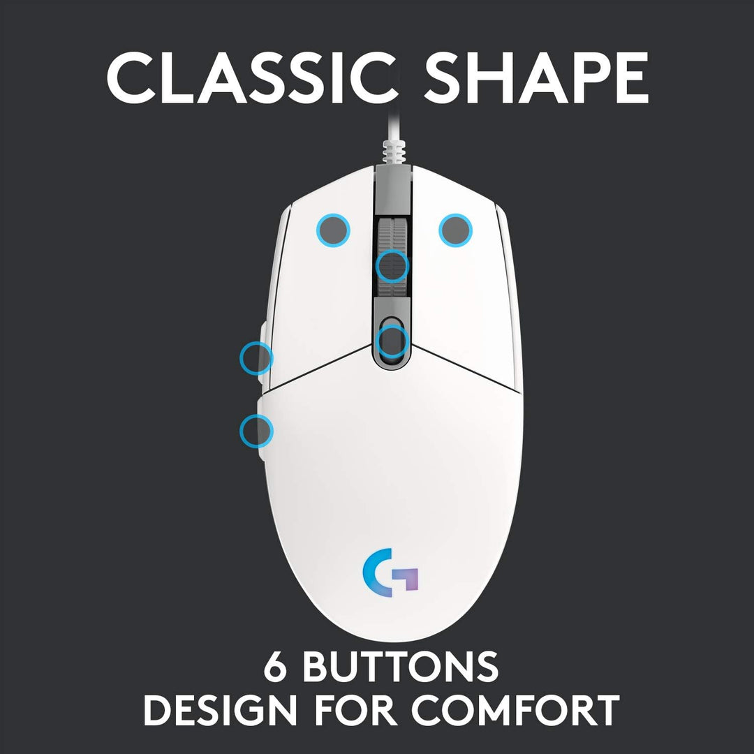 Logitech G203 LIGHTSYNC Gaming Mouse - 8K DPI, 6 Programmable Buttons, RGB Lighting, Lightweight Design - White