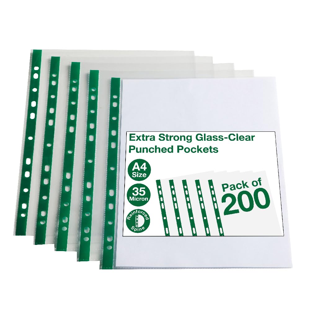 SUMMIT A4 Glass Clear Punched Pockets - 200 Pack | Crystal Clear Polypropylene | Universal Multi-Punch 1
