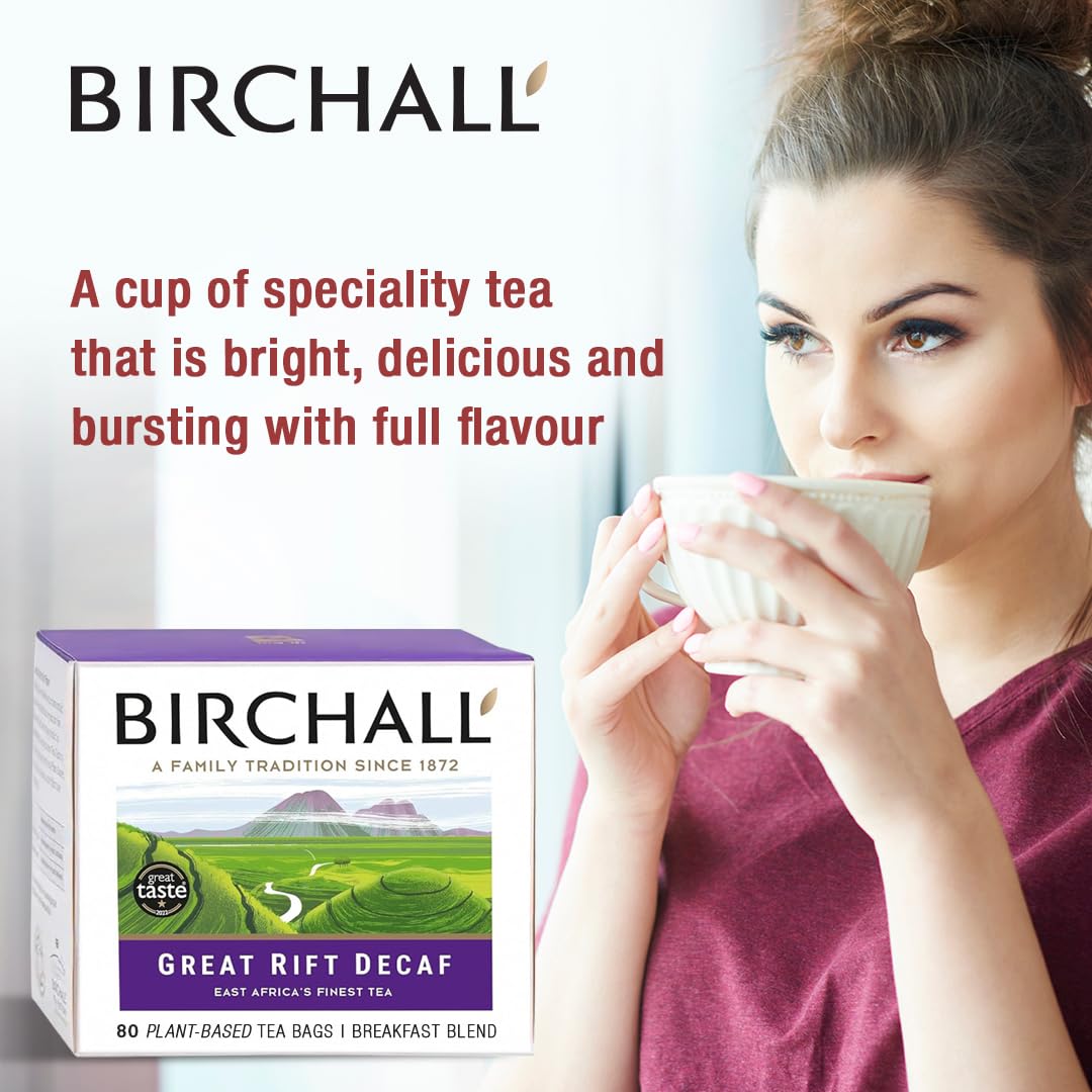 Birchall Great Rift Decaf Blend Tea Bags, English Breakfast Tea, 80 Plant-Based Biodegradable Tea Bags, Rainforest Alliance Certified