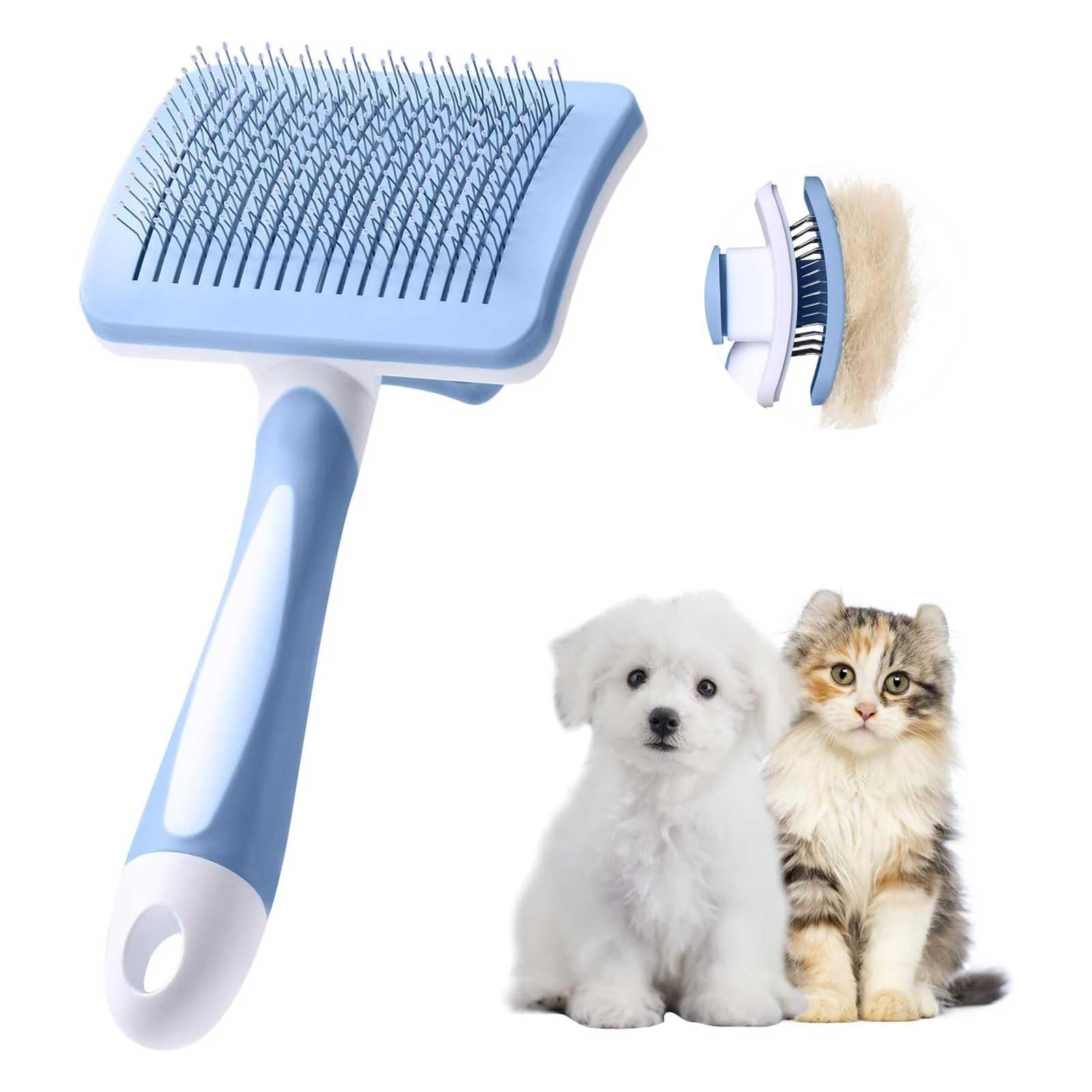 Vinabo Self-Cleaning Pet Brush for Dogs and Cats | Stainless Steel Bristles | Blue