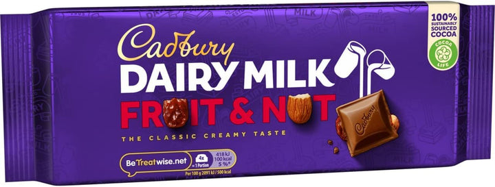 Cadbury Dairy Milk Fruit & Nut Bar, Milk Chocolate with Raisins and Almonds, 180g
