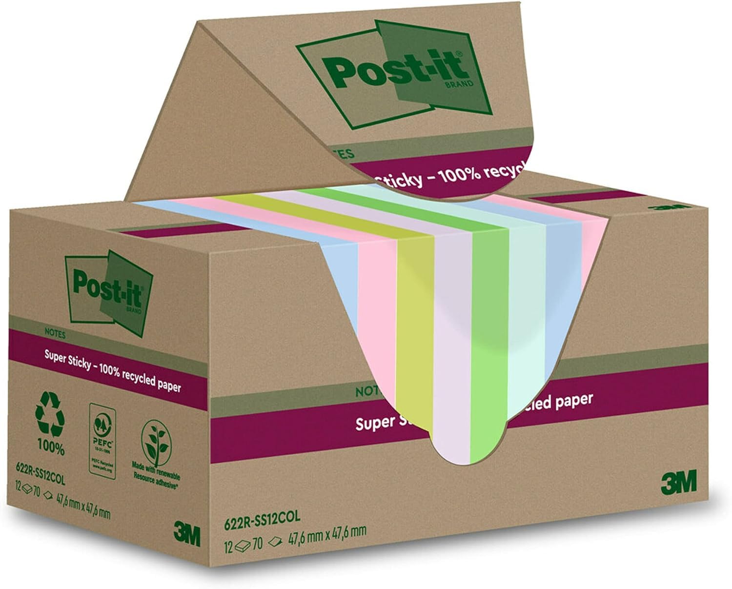 Post-it Super Sticky 100% Recycled Notes - 12 Pads, 70 Sheets/Pad | Multi-Color 3