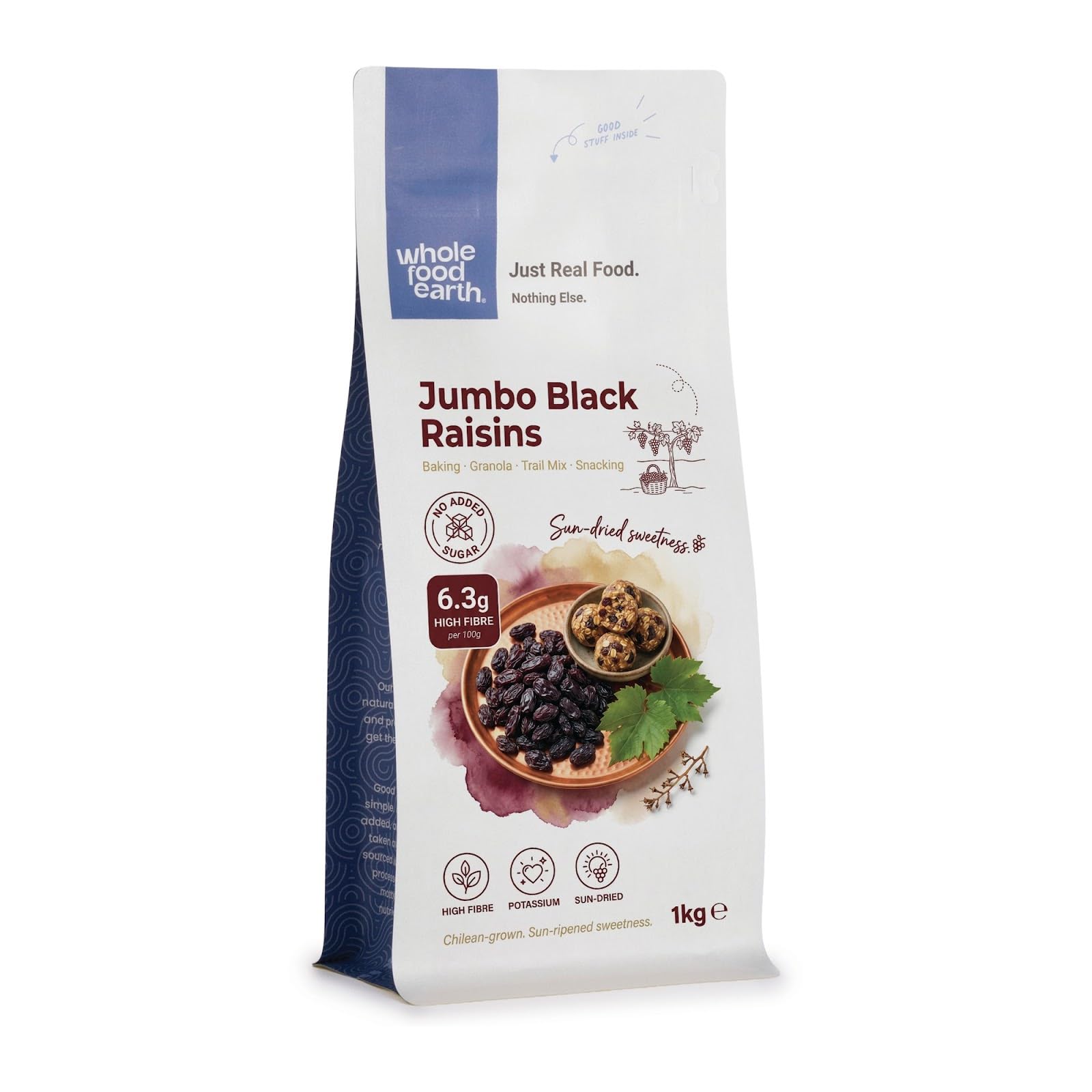 Wholefood Earth Jumbo Black Raisins - 1 kg Pack | High Fibre | GMO Free