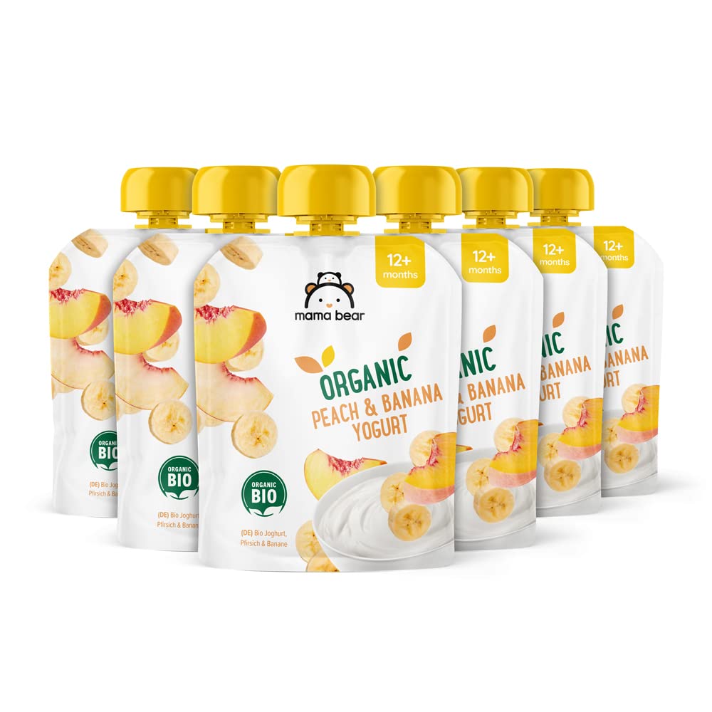 Mama Bear Organic Peach & Banana Yogurt Purée Pouches - 90g (Pack of 6), Suitable for 12 Months+ 1
