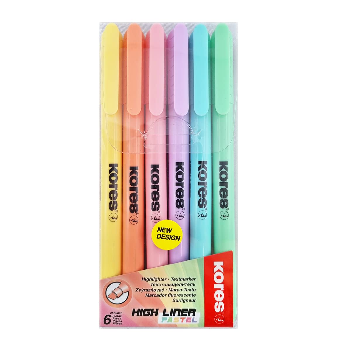 Kores High Liner Pastel Highlighter Pens - Water-Based Ink, Chisel Tip, Pack of 6
