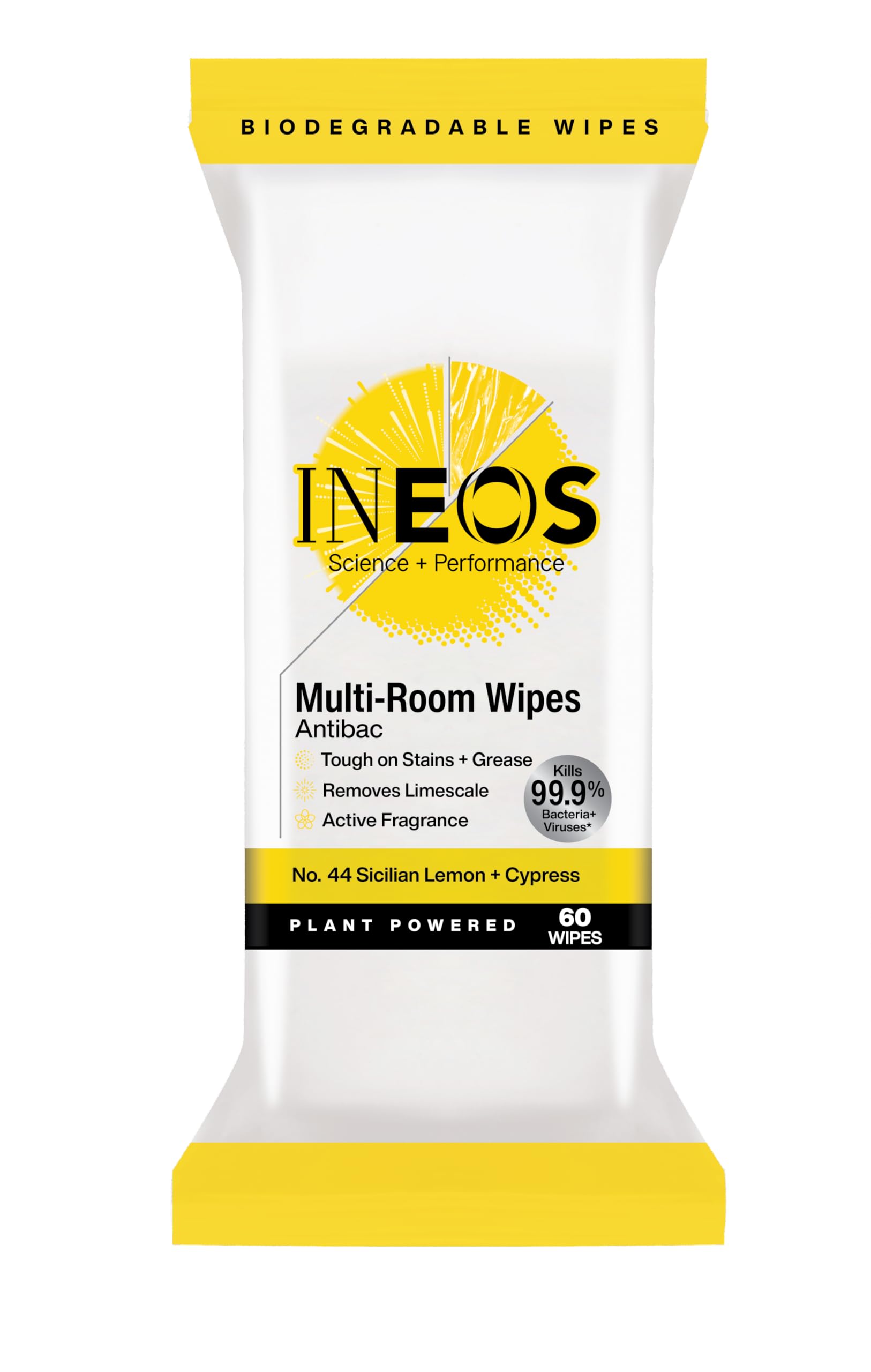 INEOS Hygienics Next-Gen Antibac Disinfectant Wipes - 60 Count | Biodegradable | Sicilian Lemon + Cypress