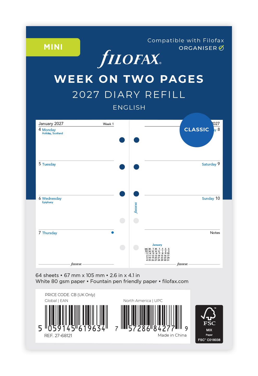 Filofax Mini Personal Organiser Diary Refill 2027 - Week on Two Pages | 67mm x 105mm