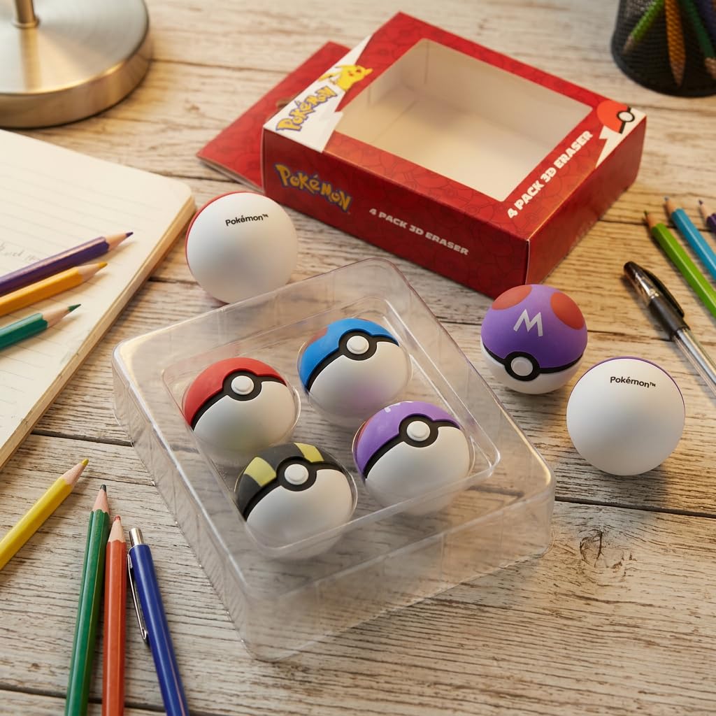 HOX Pokémon 3D Poké Ball Erasers 4 Pack – Official Pikachu Stationery Set | 3.6 cm