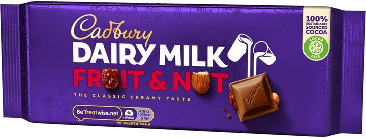 Cadbury Dairy Milk Fruit & Nut Bar, Milk Chocolate with Raisins and Almonds, 180g