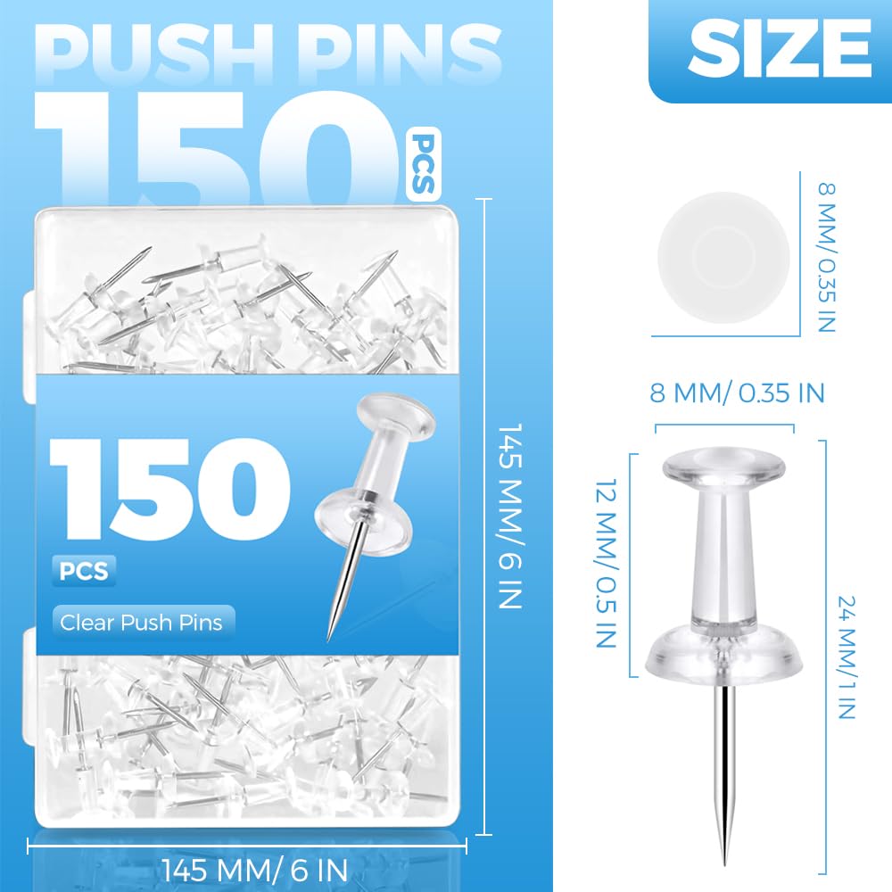 Woobroo Clear Push Pins - 150 Pcs Drawing Pins with Storage Box | Stainless Steel Needles 5