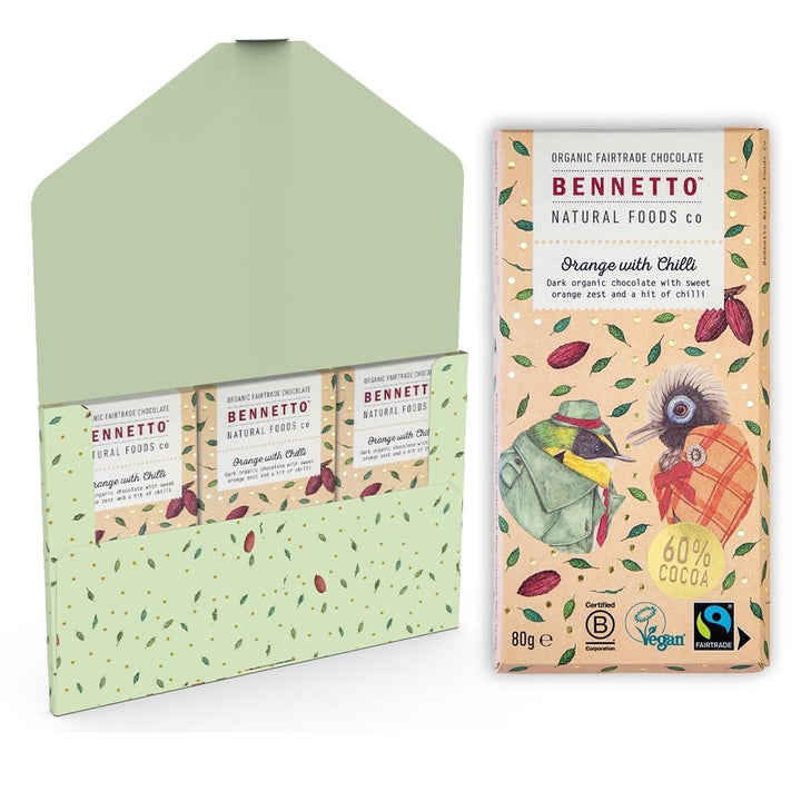 Bennetto Orange with Chilli Dark Chocolate Bar - Organic, Vegan, Fairtrade with Orange Zest & Chilli