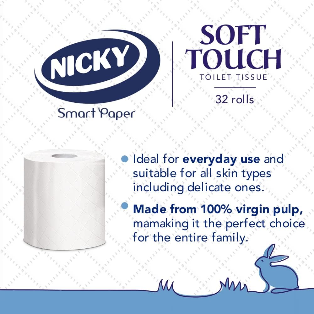 Nicky Soft Touch Toilet Tissue - 32 Rolls, 190 Sheets per Roll, Extra Gentle White Bathroom Tissue 3