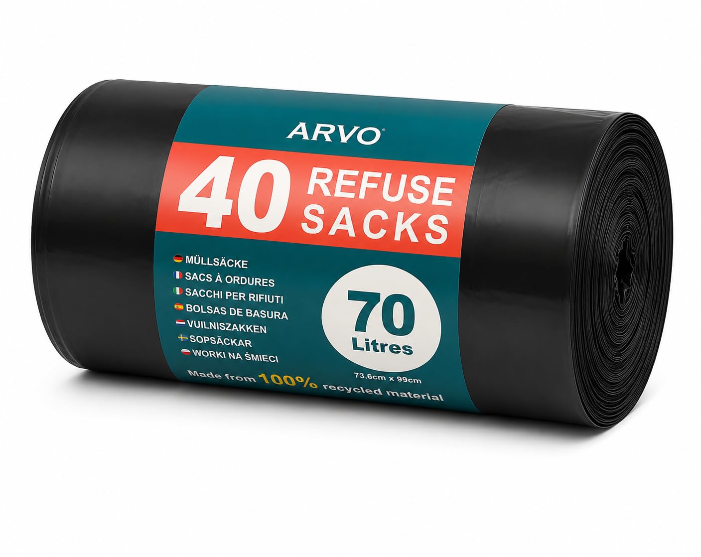 ARVO 70L Bin Bags - 40 Flat Bottom Refuse Sacks | 73 x 84 cm | 100% Recycled LDPE