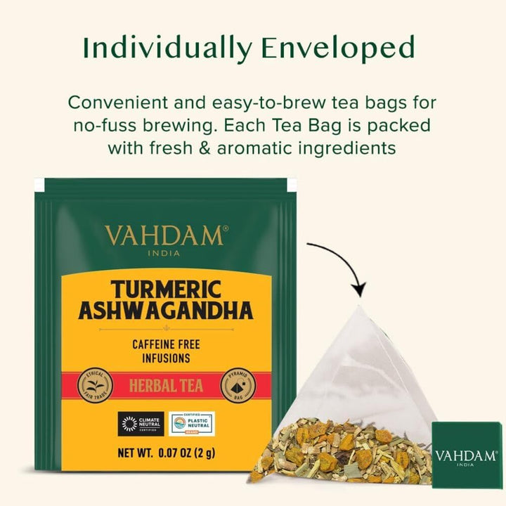 VAHDAM - Turmeric Ashwagandha Herbal Tea Bags (15 Count) 100% Pure Herbal Blend
