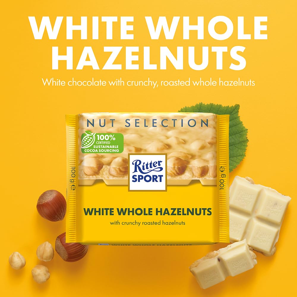 Ritter Sport White Whole Hazelnut Chocolate Bar 100g (Pack of 10)