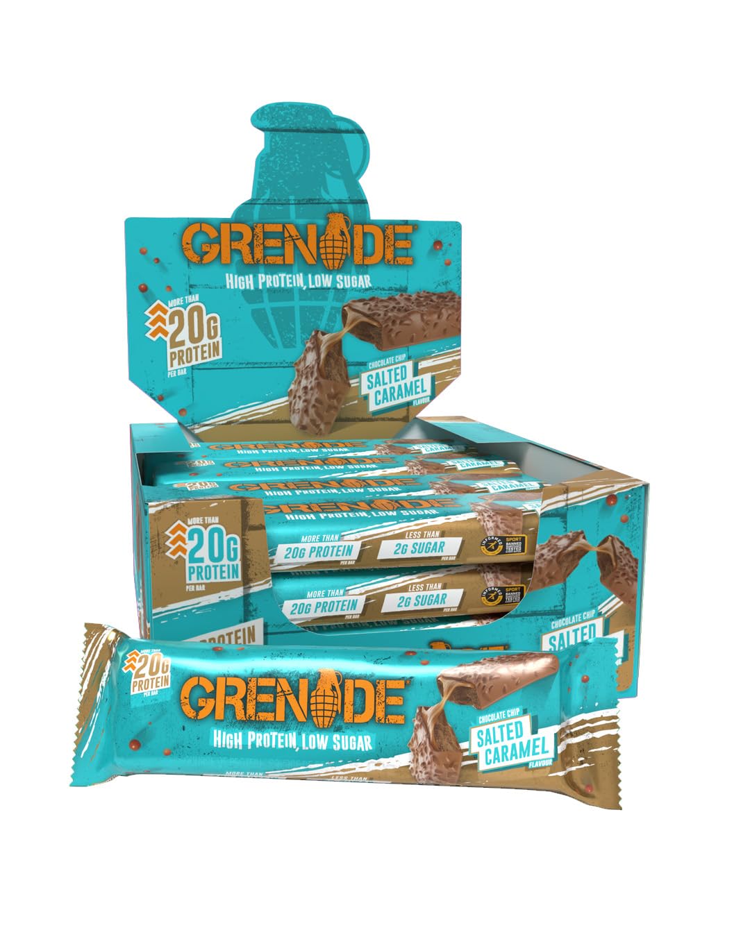 Grenade High Protein Bar - Chocolate Chip Salted Caramel, 20g Protein, Low Sugar (12 x 60g Bars)