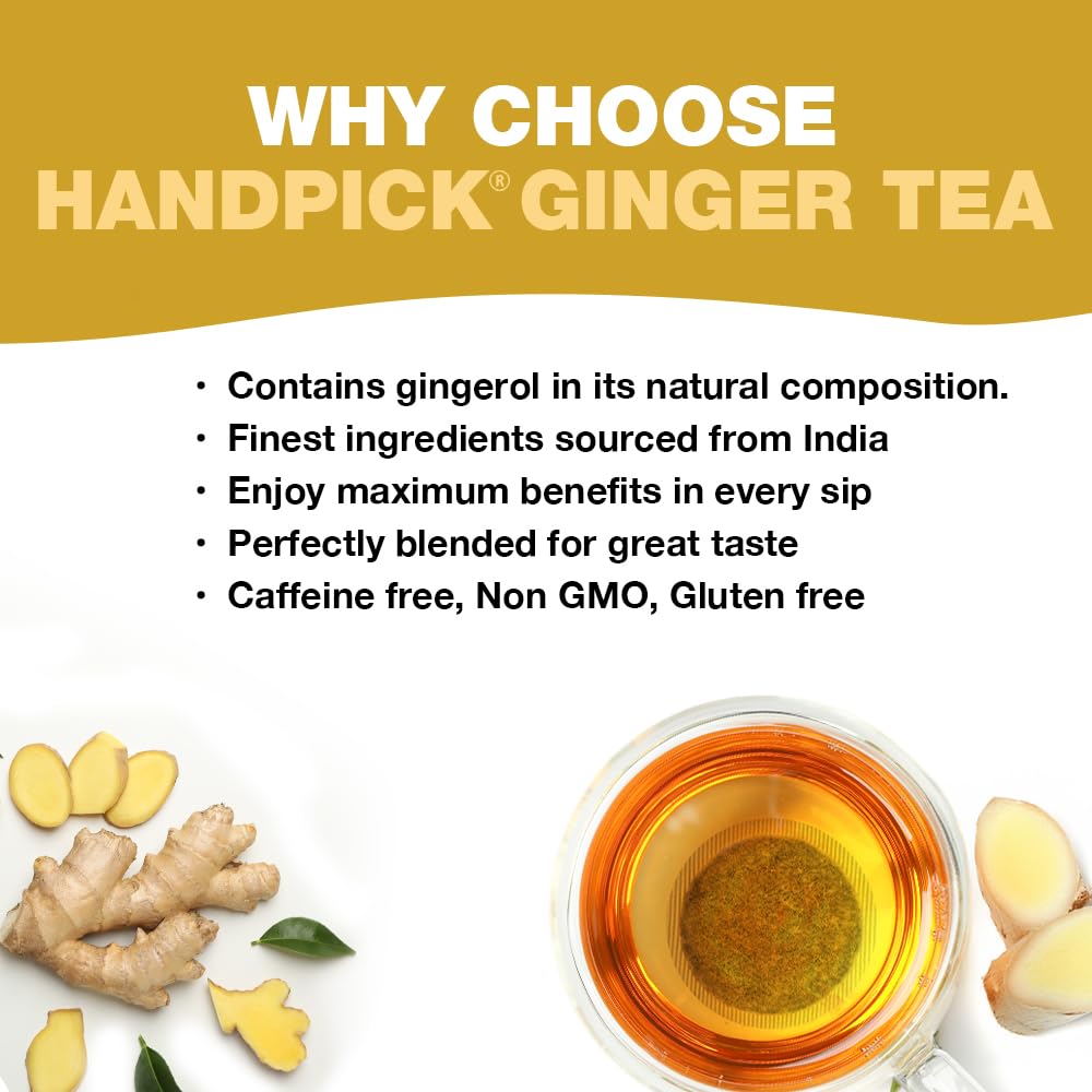 HANDPICK Ginger Tea Bags (100 Count) Non-GMO, Pure Ingredients - Soothing & Spicy Herbal Tea | Eco-conscious Round Tea Bags