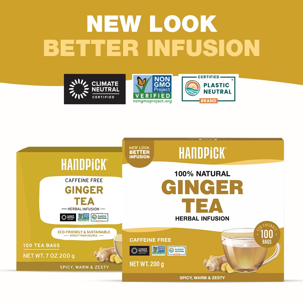 HANDPICK Ginger Tea Bags (100 Count) Non-GMO, Pure Ingredients - Soothing & Spicy Herbal Tea | Eco-conscious Round Tea Bags