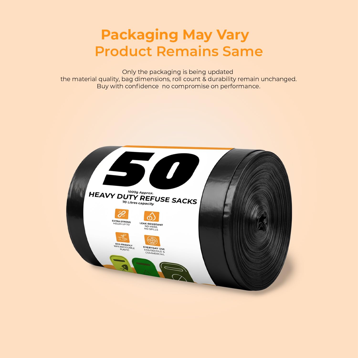 Roe Tenpo Heavy Duty Bin Liners - 50 Pack, 70L Capacity, 30 Micron Thick Plastic