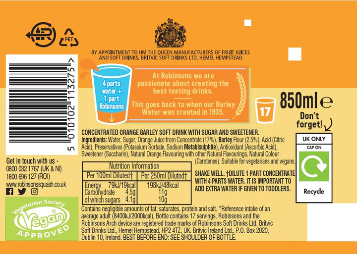 Robinsons Barley Water - Real Fruit Squash, Low Calorie, Orange - 850 ml