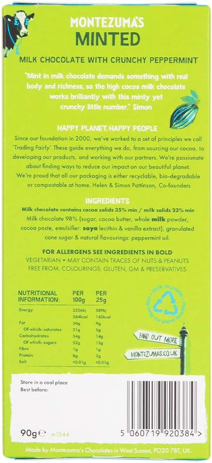 Montezuma's - Minted 35% Cocoa Milk Chocolate with Peppermint, Gluten-Free 90g Bar