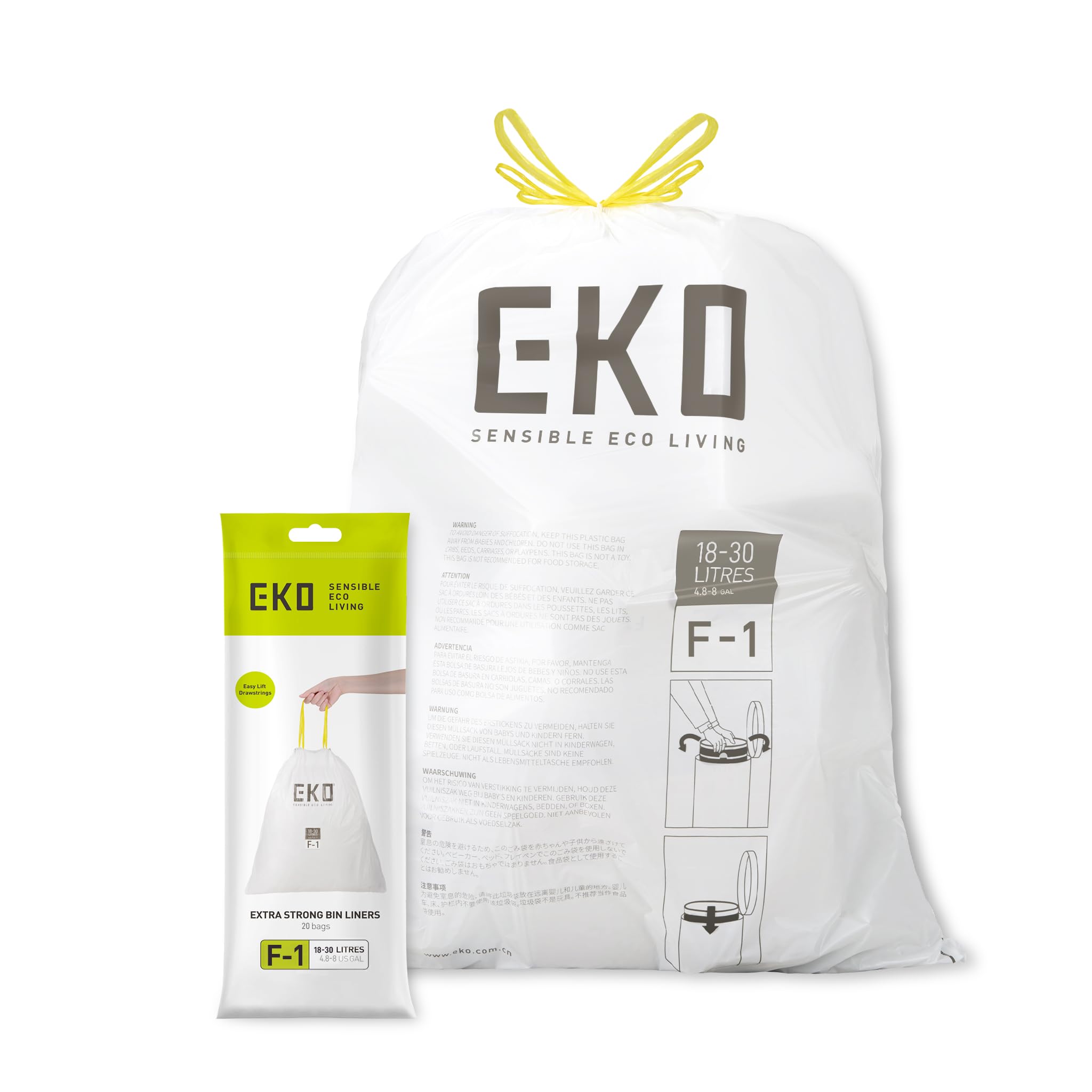 EKO Heavy Duty 18-30L Drawstring Bin Bags, Leakproof & Tear-Resistant Kitchen Bin Liners, 49 x 70 cm, 20 Count, Code F-1