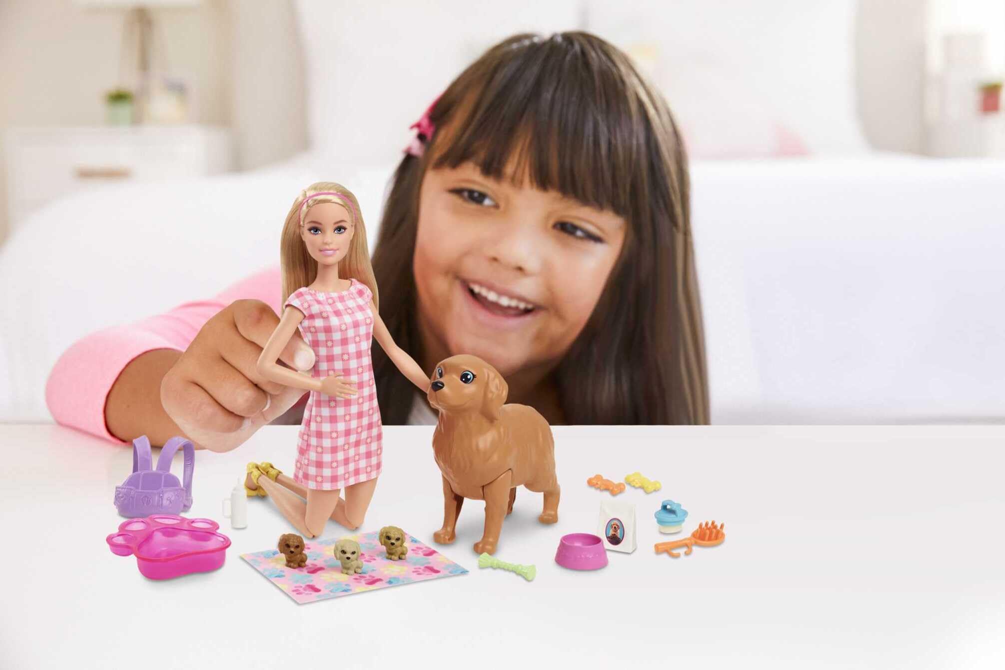 Barbie Newborn Pups Playset with Blonde Doll, Mommy Dog, 3 Puppies, and 11 Accessories | Ages 3-7