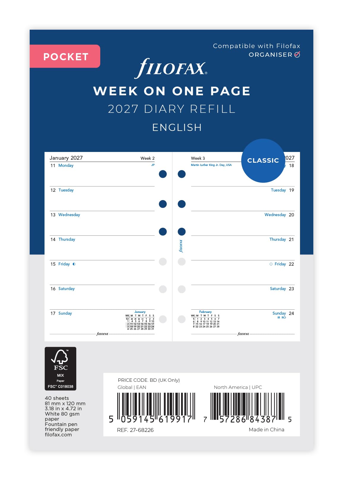 Filofax Pocket 2027 Diary Refill - Week Per Page | English | 81mm x 120mm