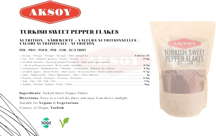 Aksoy Premium Turkish Sweet Red Pepper Flakes 200g - Mild & Sweet Flavor, Resealable Pack