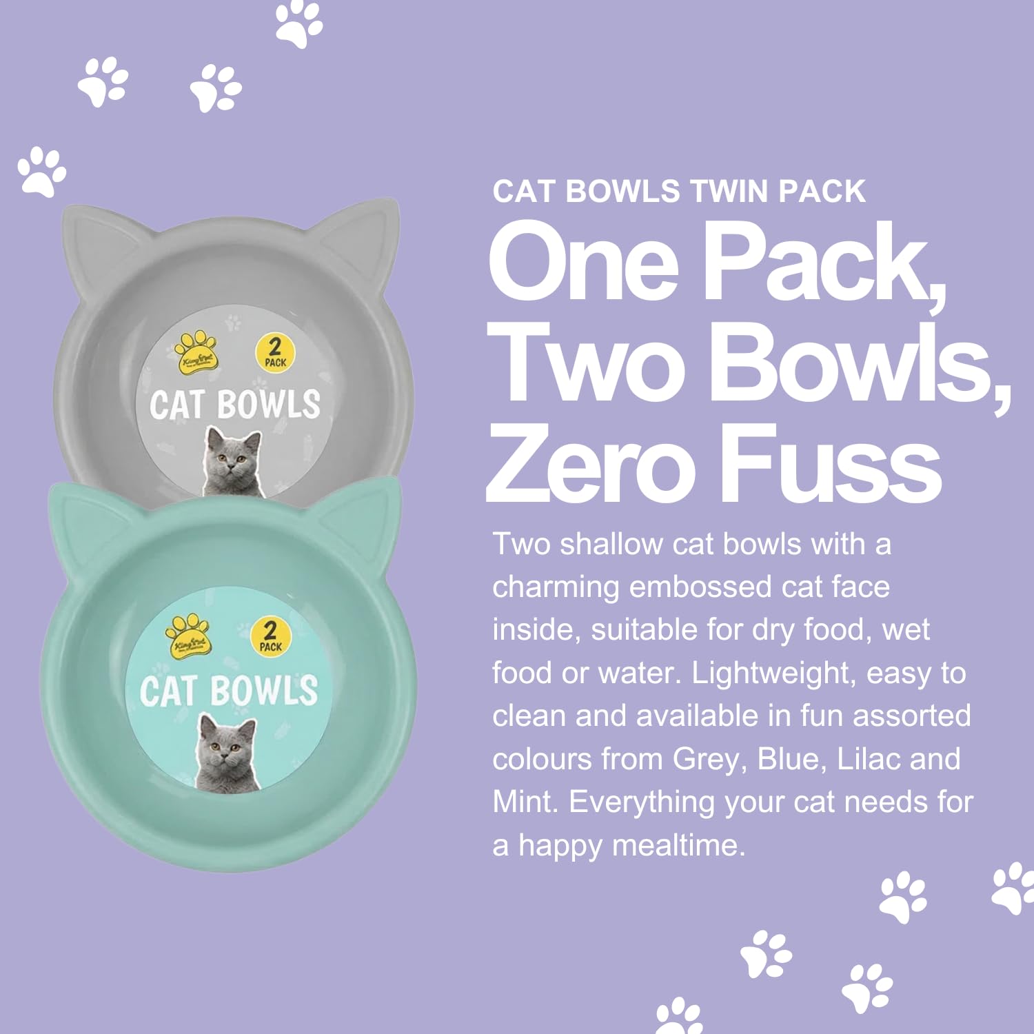 Kingdom Cat Bowls 2 Pack - Shallow Feeding & Watering Set for Kittens and Adult Cats | Plastic
