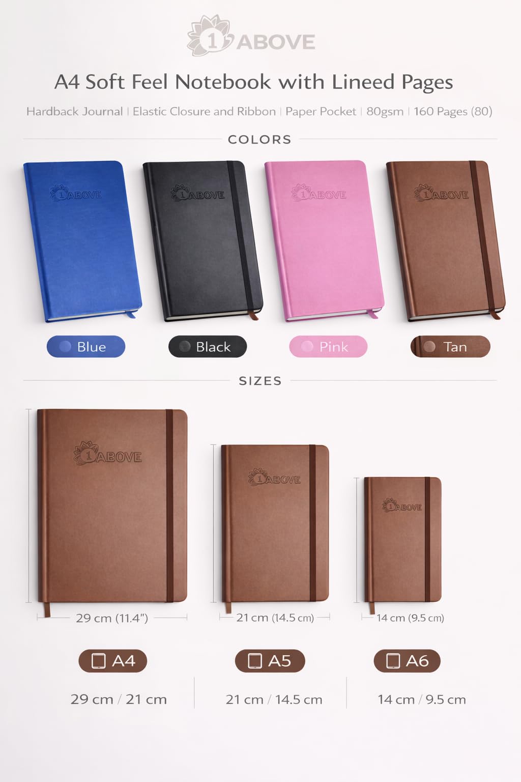 1ABOVE Soft Feel Executive Notebook - Hardback Journal, Lined Pages, Elastic Closure | Blue A6 6