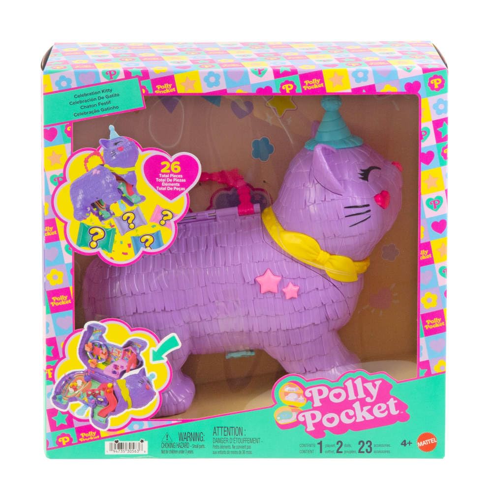 Polly Pocket Celebration Kitty Playset with 2 Micro Dolls & 23 Accessories - Ages 4+