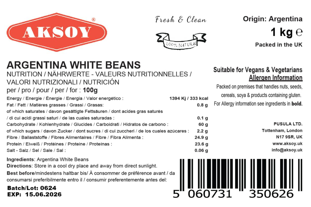 Aksoy Argentina White Beans 1KG - Premium White Beans for Stews, Soups, Salads & Casseroles