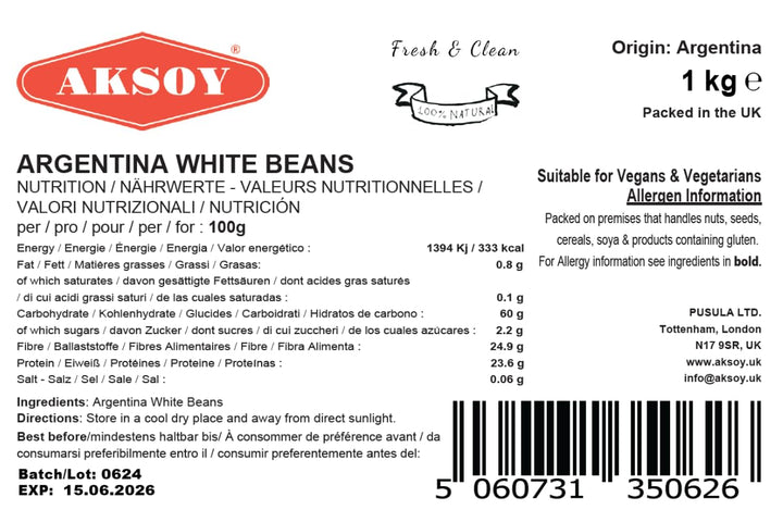 Aksoy Argentina White Beans 1KG - Premium White Beans for Stews, Soups, Salads & Casseroles