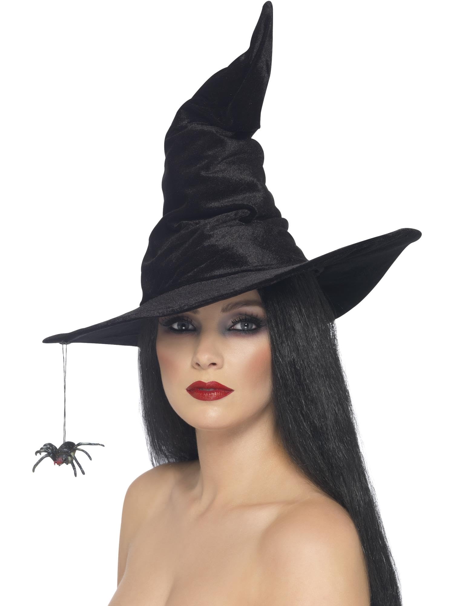Smiffys Witch Hat Black Velour with Spider Halloween Fancy Dress Accessory 1