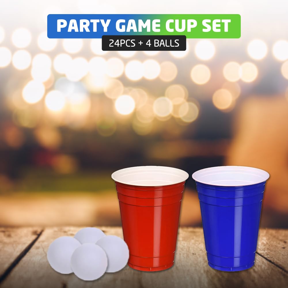 TOIS Party Game Set - 24 Pieces: 10 Red Cups, 10 Blue Cups (16oz) & 4 Balls 2