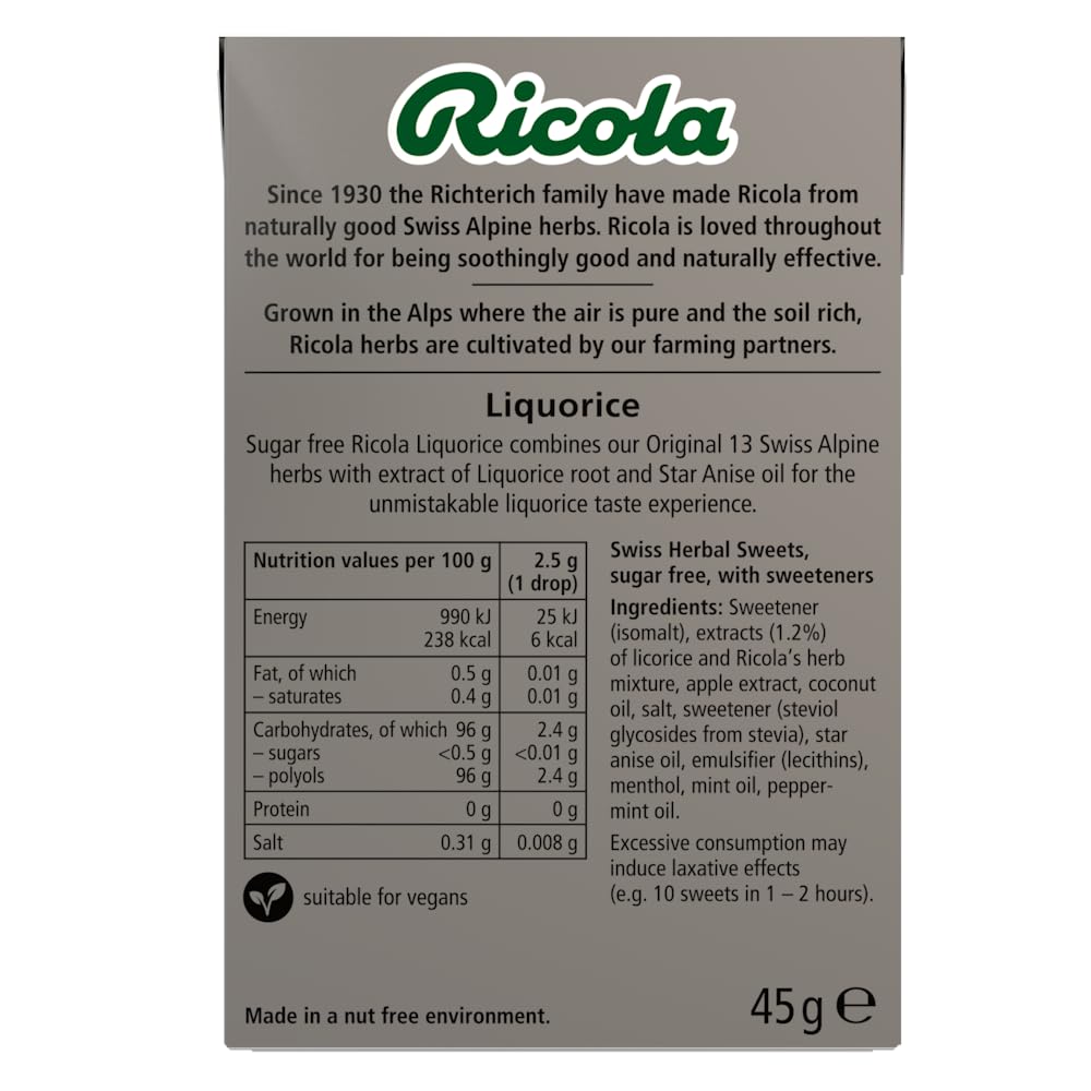 Ricola Liquorice Sugar Free Swiss Herbal Sweets, 10-Pack Sweet Box, Stevia-Sweetened Herb Drops with 13 Alpine Herbs, 45g