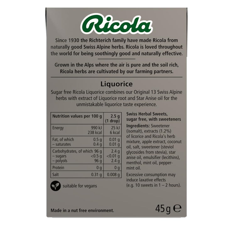 Ricola Liquorice Sugar Free Swiss Herbal Sweets, 10-Pack Sweet Box, Stevia-Sweetened Herb Drops with 13 Alpine Herbs, 45g