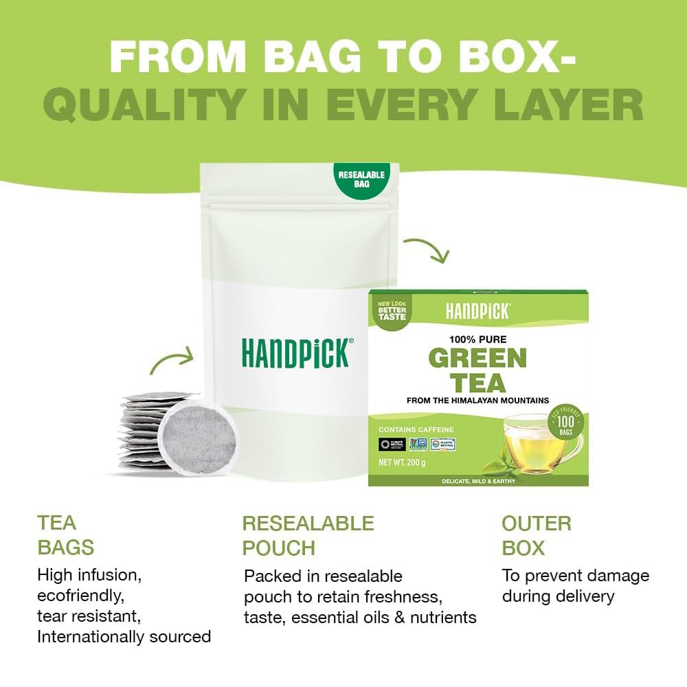 HANDPICK Green Tea Bags - 100 Count | Gluten Free & 100% Pure Green Tea | Round Teabags 7