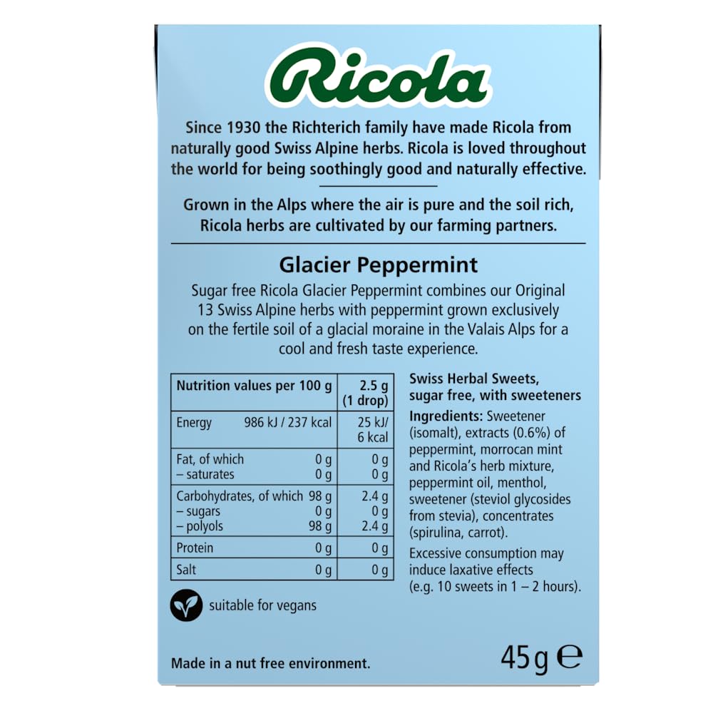 Ricola Glacier Peppermint Sugar Free Swiss Herbal Sweets, 13 Alpine Herbs, Stevia Sweetened, 45g Multipack of 10