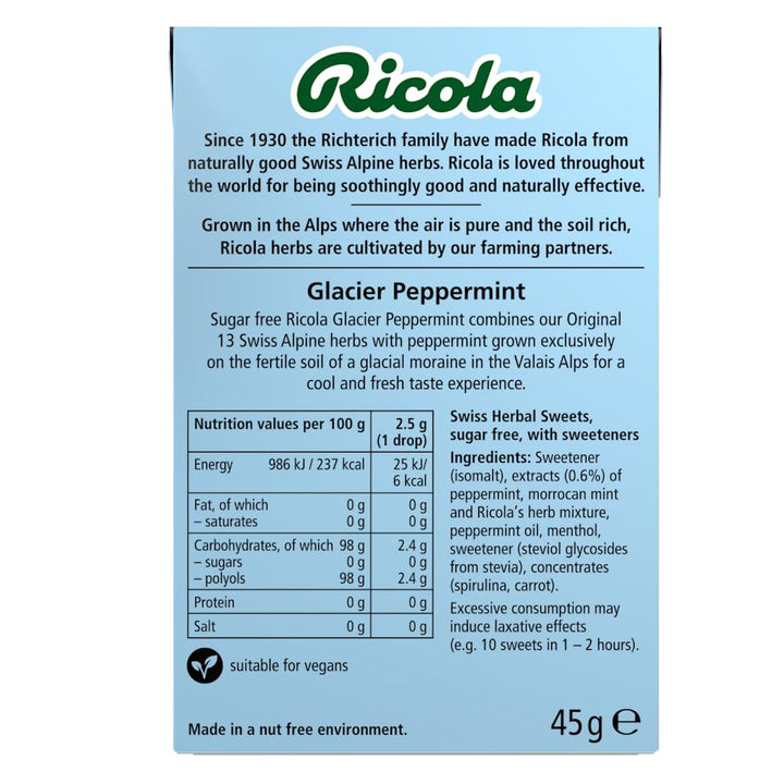 Ricola Glacier Peppermint Sugar Free Swiss Herbal Sweets, 13 Alpine Herbs, Stevia Sweetened, 45g Multipack of 10